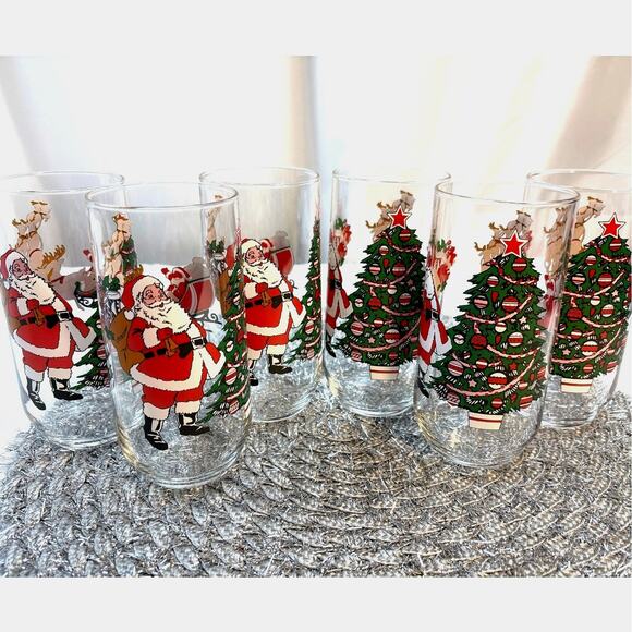 Vintage Luminarc Santa Claus and Reindeer Tumblers Set of Six Retro Style 1990s - Picture 1 of 8
